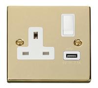 Click Deco VPBR771WH Victorian 13A 1G SP Switched Socket + 1x2.1A USB - Polished Brass (White)