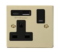 Click Deco VPBR785BK Victorian 13A Non-Ingot 1G Switched Socket + Type A&C USB - Polished Brass (Black)