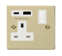 Click Deco VPBR785WH Victorian 13A Non-Ingot 1G Switched Socket + Type A&C USB - Polished Brass (White)
