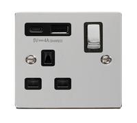 Click Deco VPCH585BK Victorian 13A Ingot 1G Switched Socket + Type A&C USB - Polished Chrome (Black)