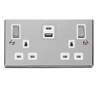 Click Deco VPCH586WH Victorian 13A Ingot 2G Switched Socket + Type A&C USB - Polished Chrome (White)