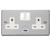 Click Deco VPCH770WH Victorian 13A 2G Switched Socket + 1x2.1A USB - Polished Chrome (White)
