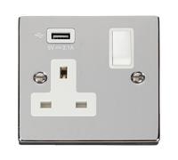 Click Deco VPCH771UWH Victorian 13A 1G Switched Socket + 1x2.1A USB - Polished Chrome (White)