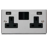 Click Deco VPCH780BK Victorian 13A 2G Switched Socket + 2x2.1A USB - Polished Chrome (Black)