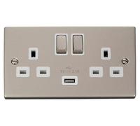 Click Deco VPPN570WH Victorian 13A Ingot 2G Switched Socket + 1x2.1A USB - Pearl Nickel (White)