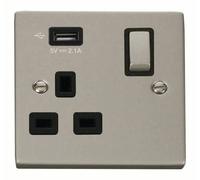 Click Deco VPPN571UBK Victorian 13A Ingot 1G Switched Socket + 1x2.1A USB - Pearl Nickel (Black)