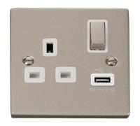 Click Deco VPPN571WH Victorian 13A Ingot 1G Switched Socket + 1x2.1A USB - Pearl Nickel (White)