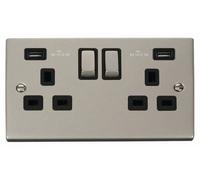 Click Deco VPPN580BK Victorian 13A Ingot 2G Switched Socket + 2x2.1A USB - Pearl Nickel (Black)