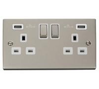 Click Deco VPPN580WH Victorian 13A Ingot 2G Switched Socket + 2x2.1A USB - Pearl Nickel (White)