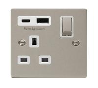 Click Deco VPPN585WH Victorian 13A Ingot 1G Switched Socket + Type A&C USB - Pearl Nickel (White)