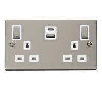 Click Deco VPPN586WH Victorian 13A Ingot 2G Switched Socket + Type A&C USB - Pearl Nickel (White)