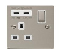 Click Deco VPPN595WH Victorian 'Ingot' 13A 1 Gang Switched Safety Shutter Socket with Twin Type C USB (4.2A) - Pearl Nickel (White)