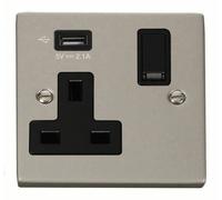 Click Deco VPPN771UBK Victorian 13A 1G Switched Socket + 1x2.1A USB - Pearl Nickel (Black)