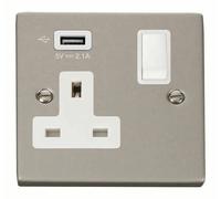 Click Deco VPPN771UWH Victorian 13A 1G Switched Socket + 1x2.1A USB - Pearl Nickel (White)