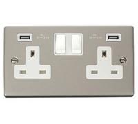 Click Deco VPPN780WH Victorian 13A 2G Switched Socket + 2x2.1A USB - Pearl Nickel (White)