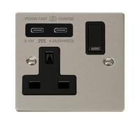 Click Deco VPPN795BK Victorian 'Non Ingot' 13A 1 Gang Switched Safety Shutter Socket with Twin Type C USB (4.2A) - Pearl Nickel (Black)
