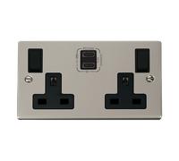 Click Deco VPPN796BK Victorian 'Non Ingot' 13A 2 Gang Switched Safety Shutter Socket with Twin Type C USB (4.2A) - Pearl Nickel (Black)
