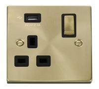 Click Deco VPSB571UBK Victorian 13A Ingot 1G Switched Socket + 1x2.1A USB - Satin Brass (Black)