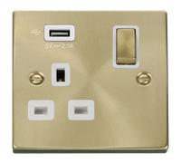Click Deco VPSB571UWH Victorian 13A Ingot 1G Switched Socket + 1x2.1A USB - Satin Brass (White)