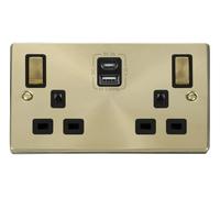 Click Deco VPSB586BK Victorian 13A Ingot 2G Switched Socket + Type A&C USB - Satin Brass (Black)