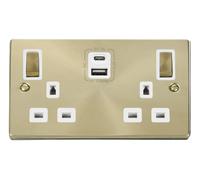 Click Deco VPSB586WH Victorian 13A Ingot 2G Switched Socket + Type A&C USB - Satin Brass (White)