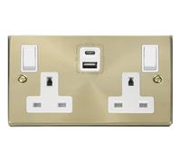 Click Deco VPSB786WH Victorian 13A 2G Switched Socket + Type A&C USB - Satin Brass (White)