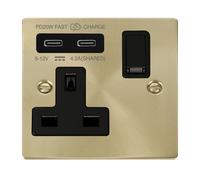Click Deco VPSB795BK Victorian 'Non Ingot' 13A 1 Gang Switched Safety Shutter Socket with Twin Type C USB (4.2A) - Satin Brass (Black)