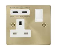 Click Deco VPSB795WH Victorian 'Non Ingot' 13A 1 Gang Switched Safety Shutter Socket with Twin Type C USB (4.2A) - Satin Brass (White)