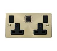 Click Deco VPSB796BK Victorian 'Non Ingot' 13A 2 Gang Switched Safety Shutter Socket with Twin Type C USB (4.2A) - Satin Brass (Black)