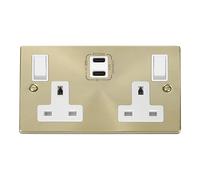 Click Deco VPSB796WH Victorian 'Non Ingot' 13A 2 Gang Switched Safety Shutter Socket with Twin Type C USB (4.2A) - Satin Brass (White)
