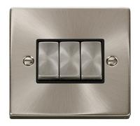 Click Deco VPSC413BK Victorian 10AX Ingot 3-Gang 2-Way Plate Switch - Satin Chrome (Black)