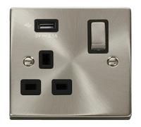 Click Deco VPSC571UBK Victorian 13A Ingot 1G Switched Socket + 1x2.1A USB - Satin Chrome (Black)