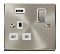 Click Deco VPSC571UWH Victorian 13A Ingot 1G Switched Socket + 1x2.1A USB - Satin Chrome (White)