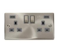 Click Deco VPSC580GY Victorian 13A Ingot 2G Switched Socket + 2x2.1A USB - Satin Chrome (Grey)