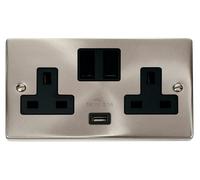 Click Deco VPSC770BK Victorian 13A 2G Switched Socket + 1x2.1A USB - Satin Chrome (Black)