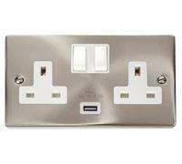 Click Deco VPSC770WH Victorian 13A 2G Switched Socket + 1x2.1A USB - Satin Chrome (White)