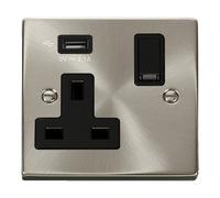 Click Deco VPSC771UBK Victorian 13A 1G Switched Socket + 1x2.1A USB - Satin Chrome (Black)
