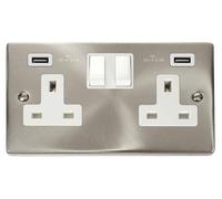 Click Deco VPSC780WH Victorian 13A 2G Switched Socket + 2x2.1A USB - Satin Chrome (White)
