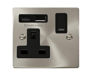 Click Deco VPSC785BK Victorian 13A Non-Ingot 1G Switched Socket + Type A&C USB - Satin Chrome (Black)