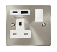 Click Deco VPSC785WH Victorian 13A Non-Ingot 1G Switched Socket + Type A&C USB - Satin Chrome (White)