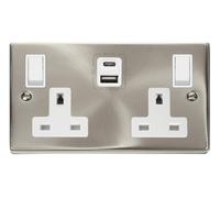 Click Deco VPSC786WH Victorian 13A 2G Switched Socket + Type A&C USB - Satin Chrome (White)