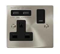 Click Deco VPSC795BK Victorian 'Non Ingot' 13A 1 Gang Switched Safety Shutter Socket with Twin Type C USB (4.2A) - Satin Chrome (Black)