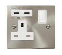 Click Deco VPSC795WH Victorian 'Non Ingot' 13A 1 Gang Switched Safety Shutter Socket with Twin Type C USB (4.2A) - Satin Chrome (White)