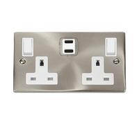 Click Deco VPSC796WH Victorian 'Non Ingot' 13A 2 Gang Switched Safety Shutter Socket with Twin Type C USB (4.2A) - Satin Chrome (White)