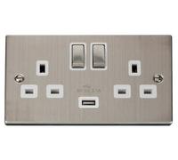 Click Deco VPSS570WH Victorian 13A Ingot 2G Switched Socket + 1x2.1A USB - Stainless Steel (White)