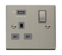 Click Deco VPSS571UGY Victorian 13A Ingot 1G Switched Socket + 1x2.1A USB - Stainless Steel (Grey)
