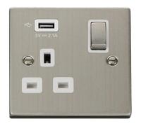 Click Deco VPSS571UWH Victorian 13A Ingot 1G Switched Socket + 1x2.1A USB - Stainless Steel (White)