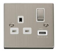 Click Deco VPSS571WH Victorian 13A Ingot 1G Switched Socket + 1x2.1A USB - Stainless Steel (White)