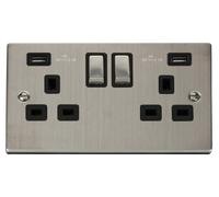 Click Deco VPSS580BK Victorian 13A Ingot 2G Switched Socket + 2x2.1A USB - Stainless Steel (Black)