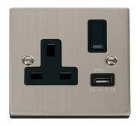 Click Deco VPSS771BK Victorian 13A 1G Switched Socket + 1x2.1A USB - Stainless Steel (Black)